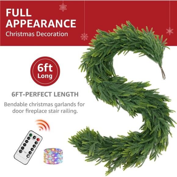 Christmas Garland for Mantle Outdoor - Decoraitons with Light 6ft Prelit - Picture 2 of 8